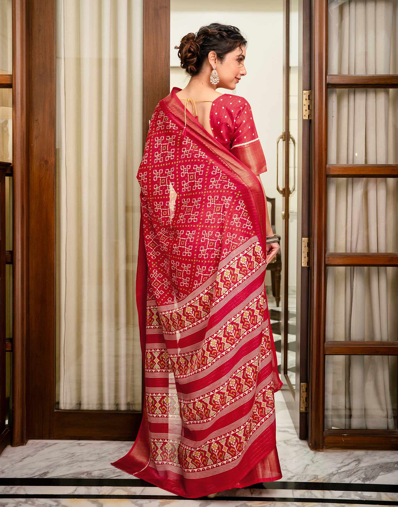 Red Silk Printed Zari Stripe Saree 