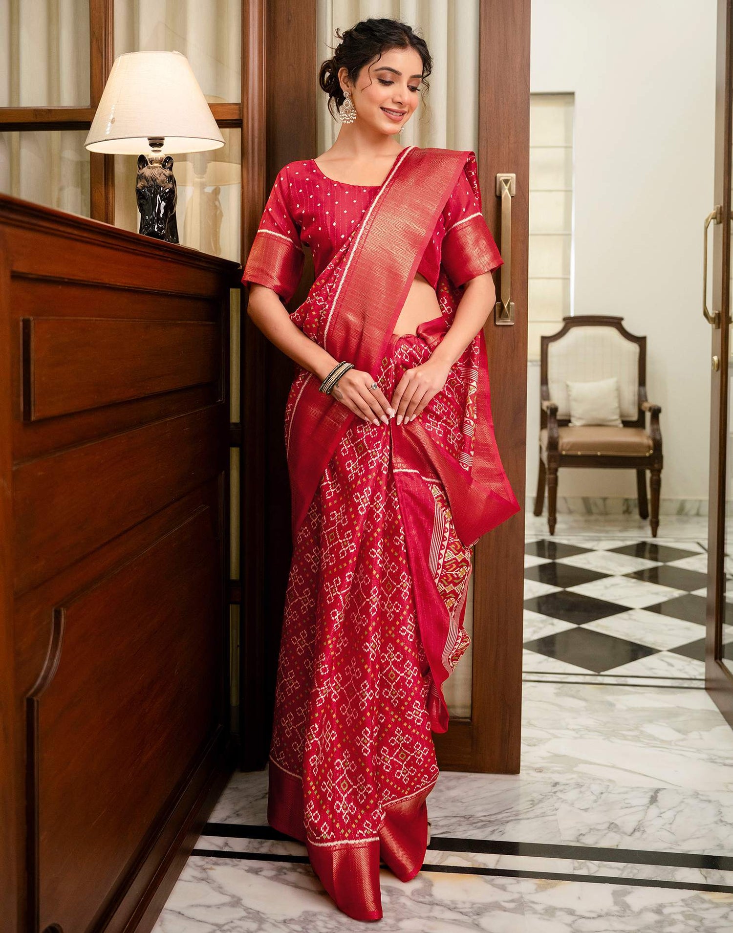 Red Silk Printed Zari Stripe Saree 