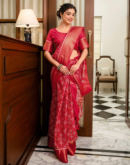 Red Silk Printed Zari Stripe Saree 