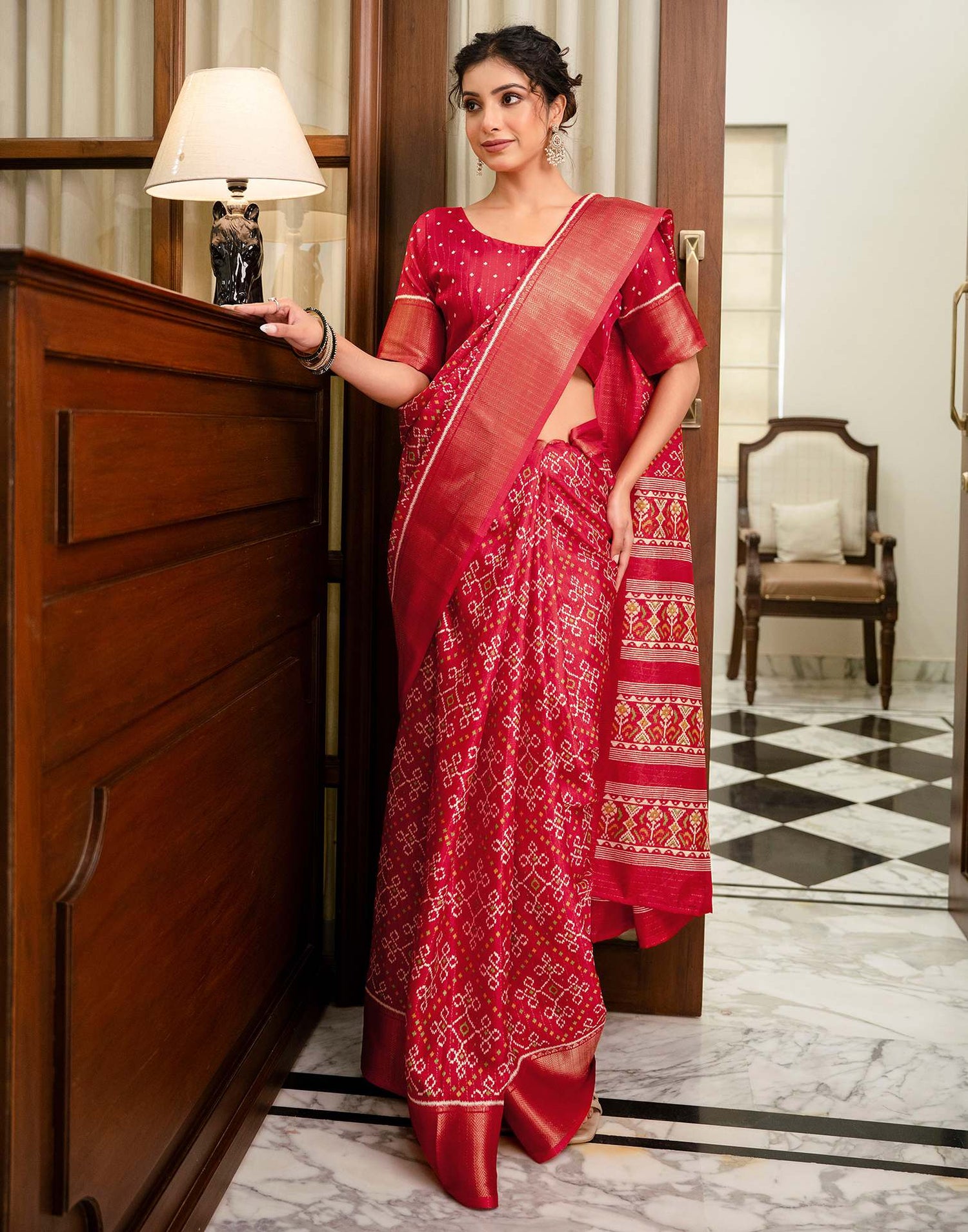 Red Silk Printed Zari Stripe Saree 