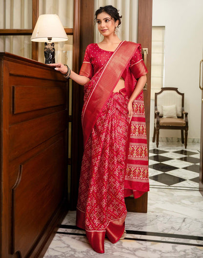 Red Silk Printed Zari Stripe Saree 