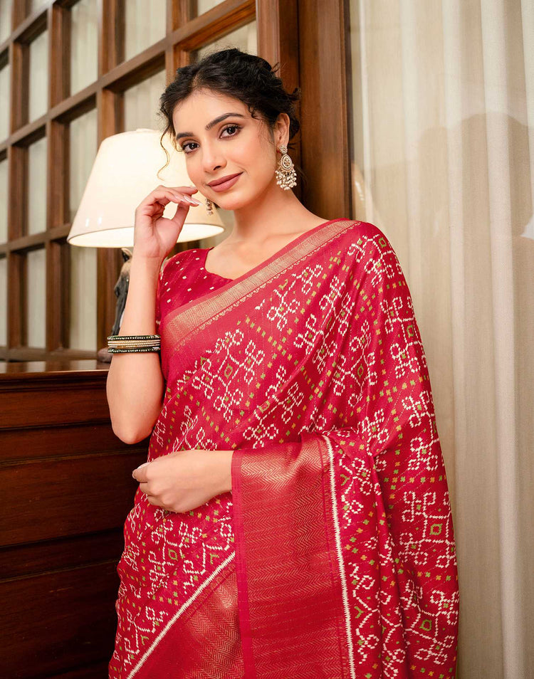 Red Silk Printed Zari Stripe Saree 