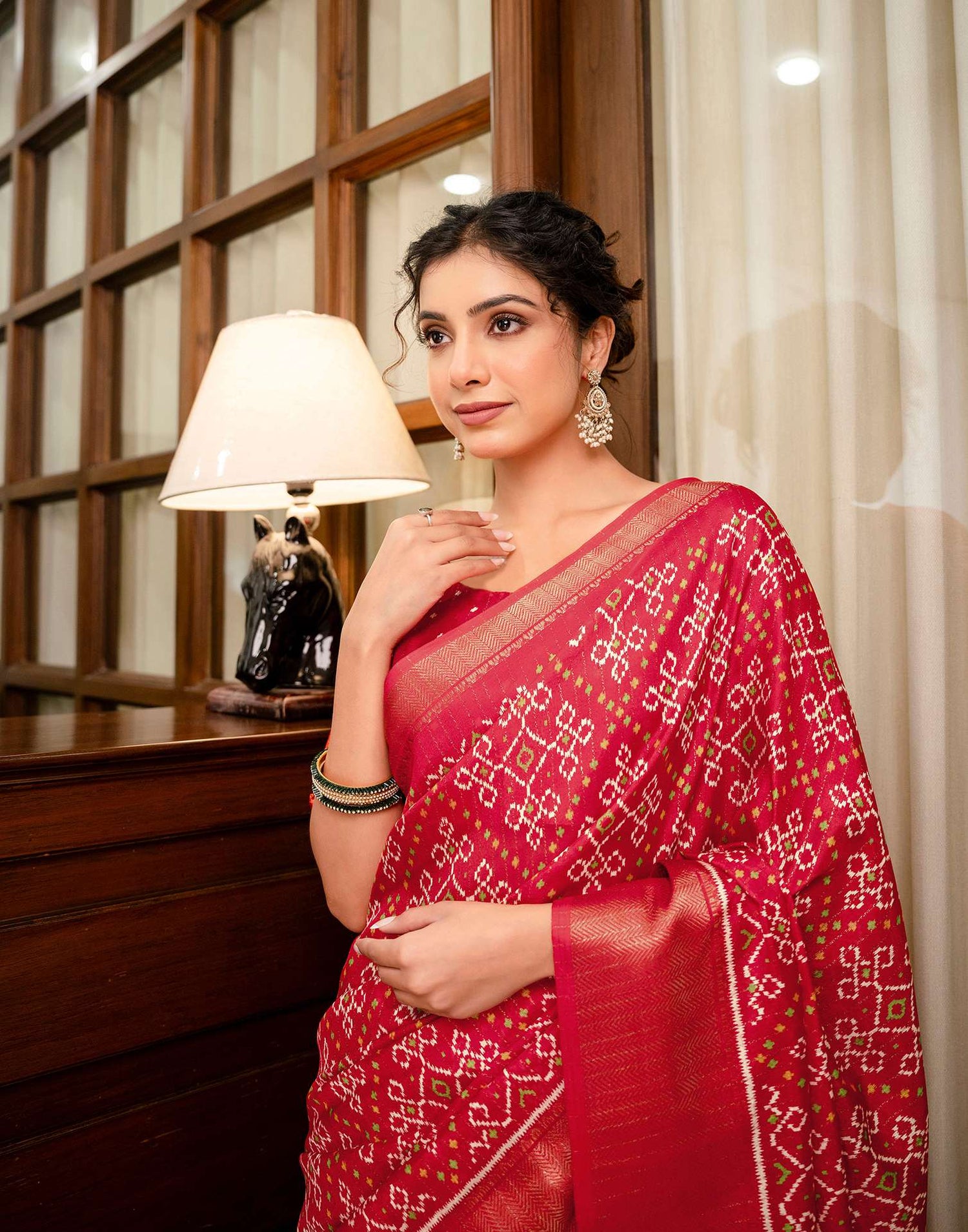 Red Silk Printed Zari Stripe Saree 