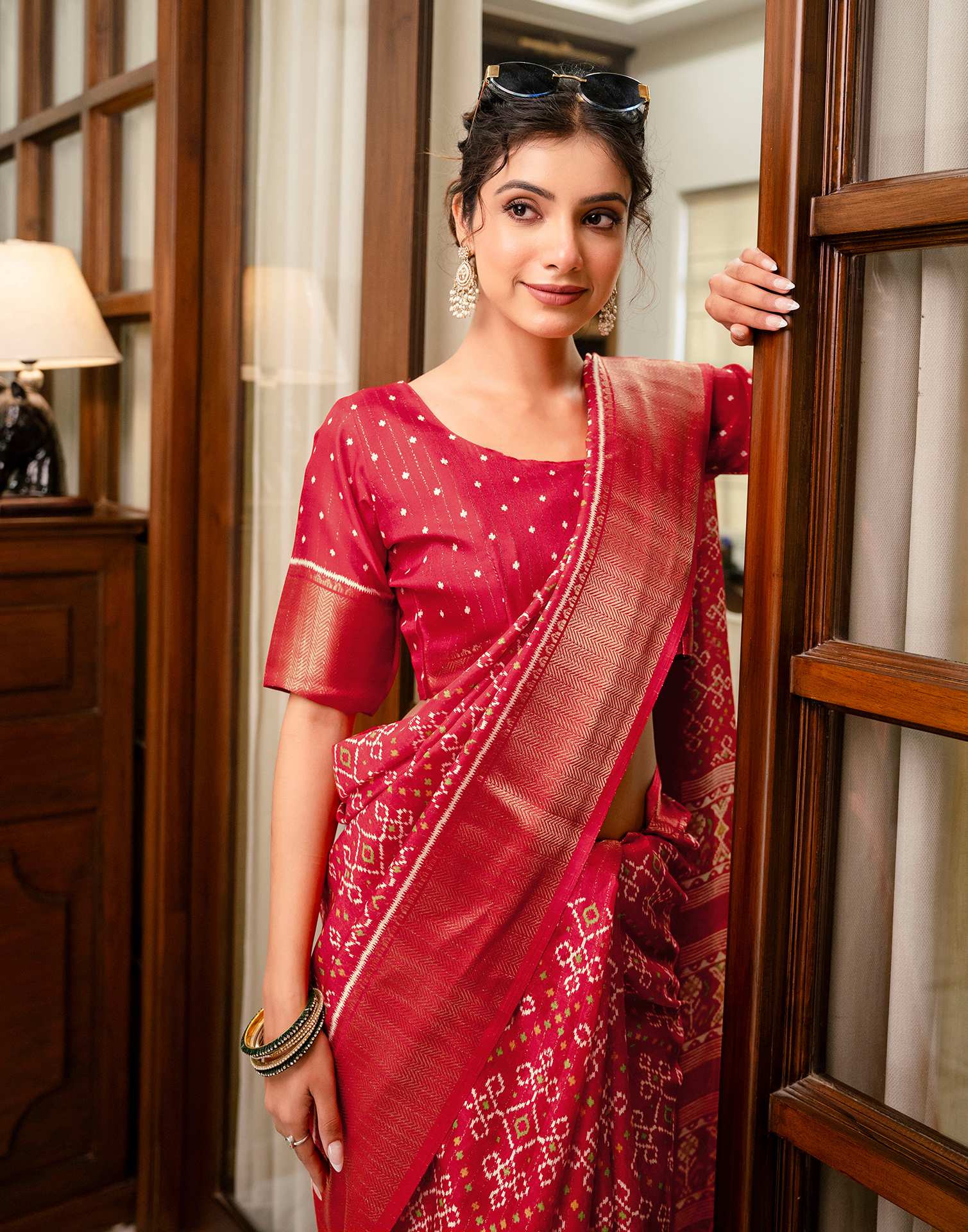 Red Silk Printed Zari Stripe Saree 