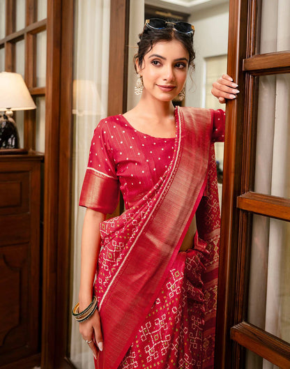 Red Silk Printed Zari Stripe Saree 