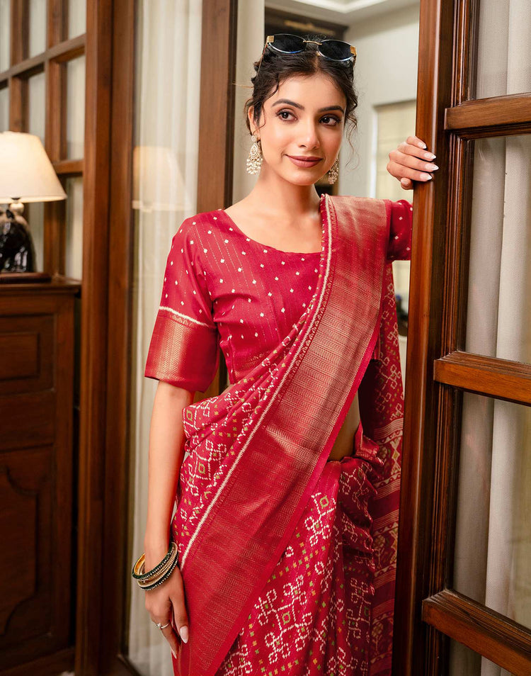 Red Silk Printed Zari Stripe Saree 