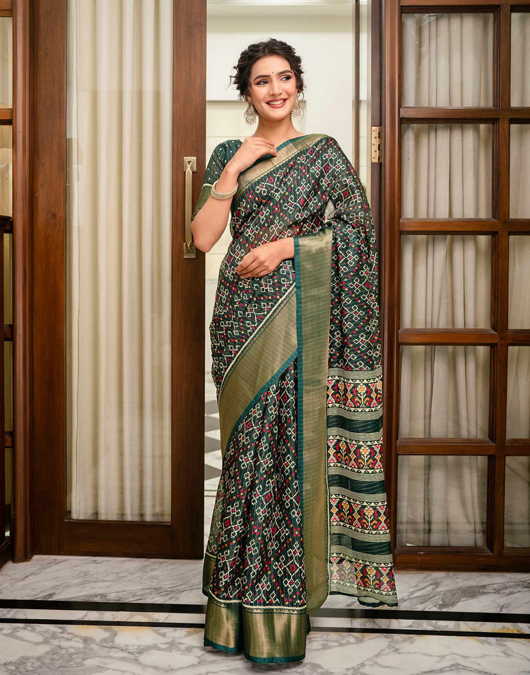 Dark Green Silk Printed Zari Stripe Saree 