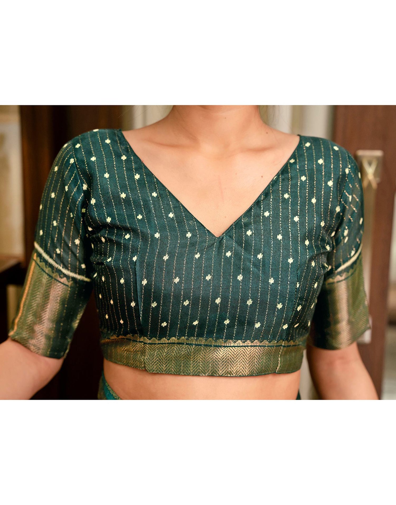 Dark Green Silk Printed Zari Stripe Saree 