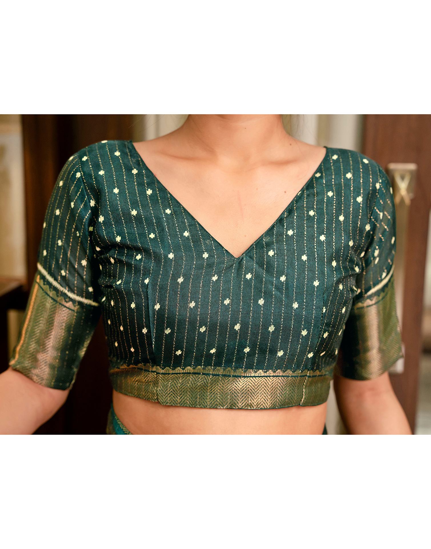 Dark Green Silk Printed Zari Stripe Saree 