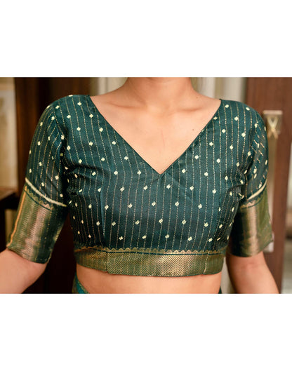 Dark Green Silk Printed Zari Stripe Saree 