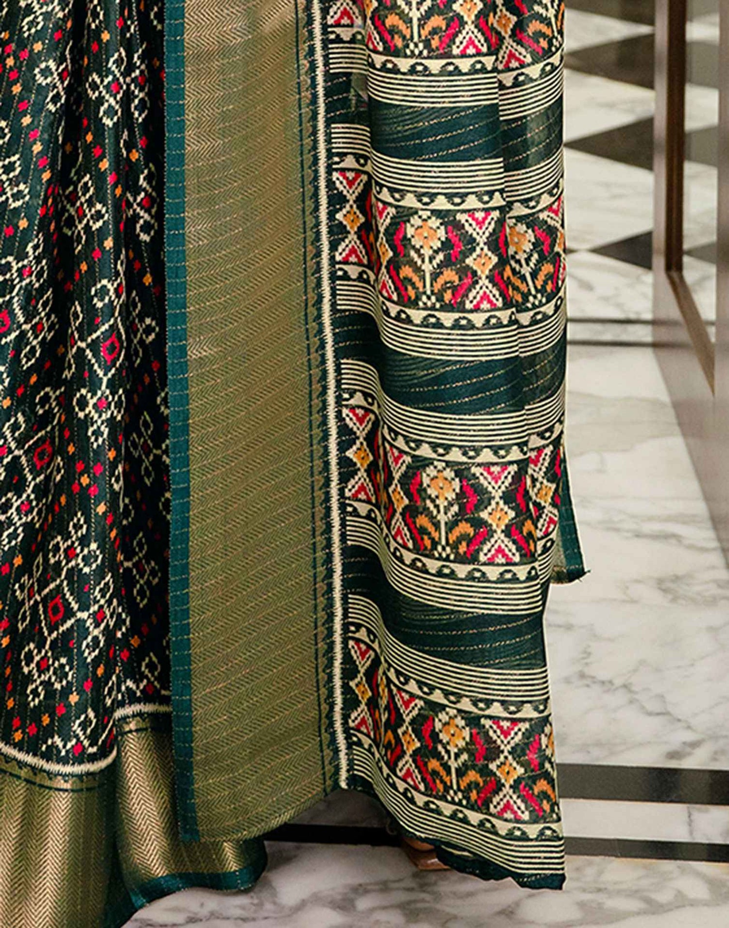 Dark Green Silk Printed Zari Stripe Saree 
