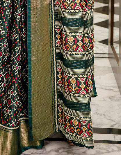 Dark Green Silk Printed Zari Stripe Saree 