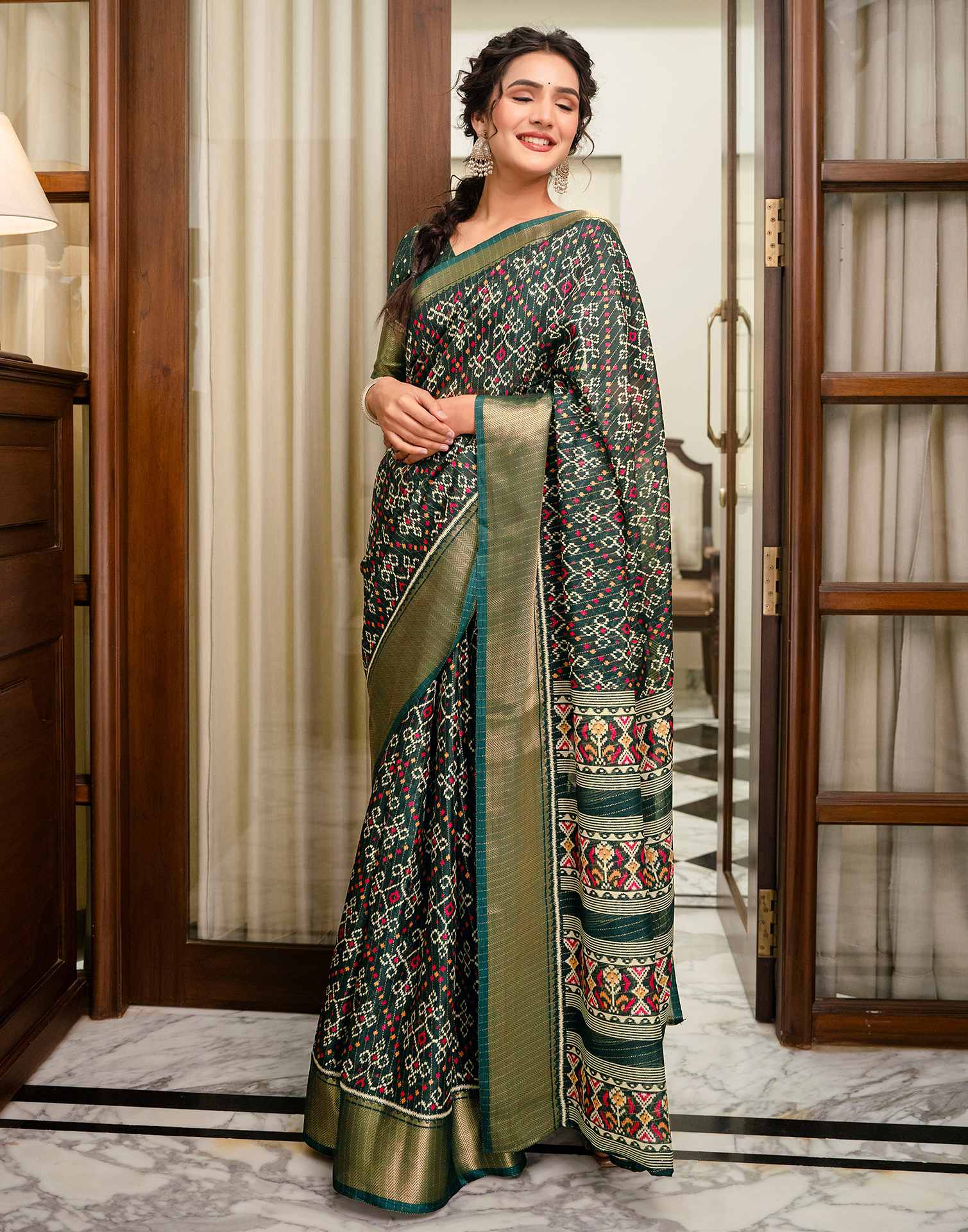 Dark Green Silk Printed Zari Stripe Saree 