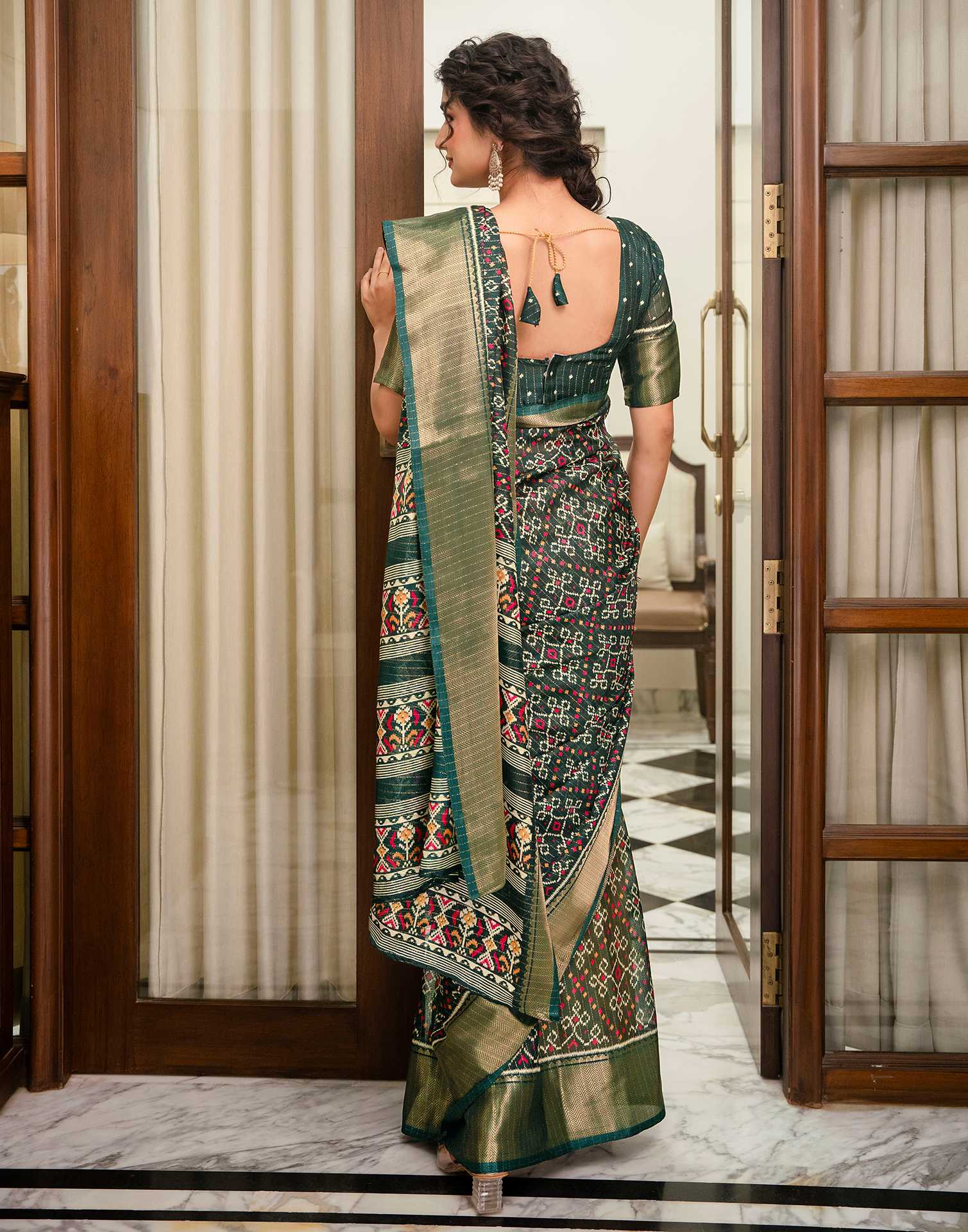 Dark Green Silk Printed Zari Stripe Saree 