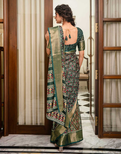 Dark Green Silk Printed Zari Stripe Saree 