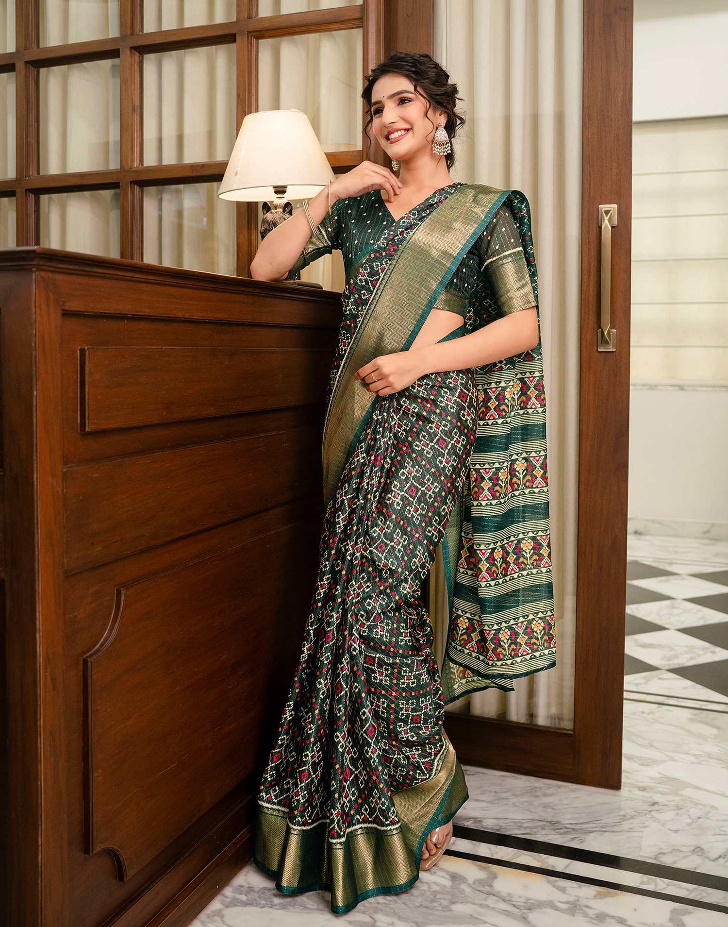Dark Green Silk Printed Zari Stripe Saree 