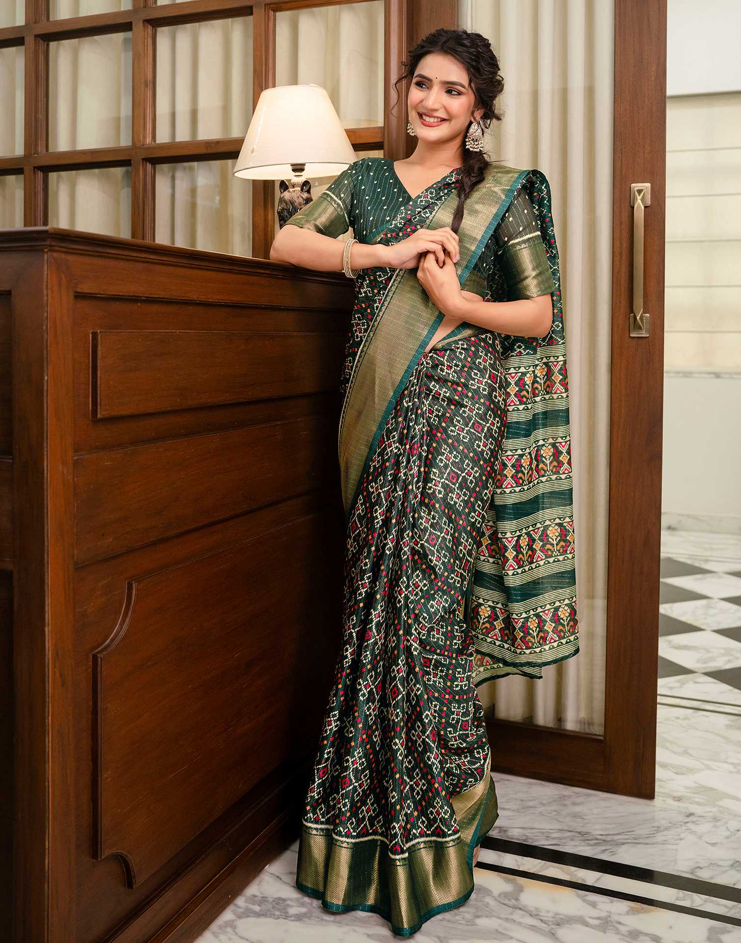 Dark Green Silk Printed Zari Stripe Saree 