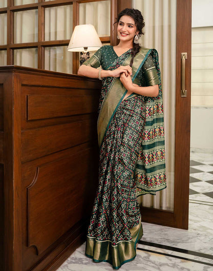 Dark Green Silk Printed Zari Stripe Saree 