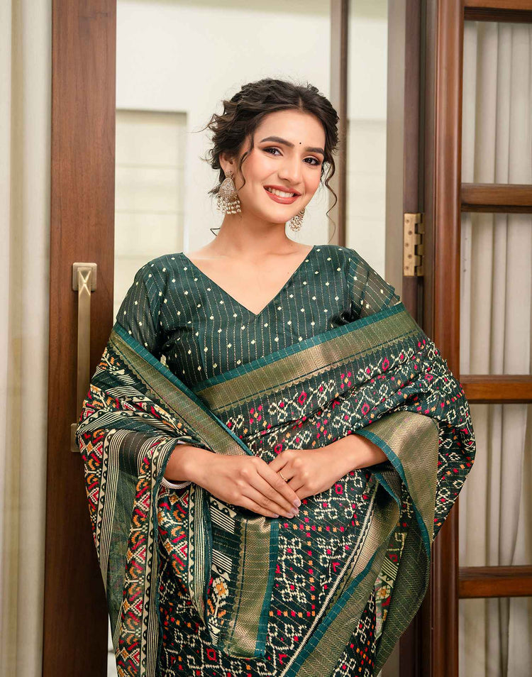 Dark Green Silk Printed Zari Stripe Saree 