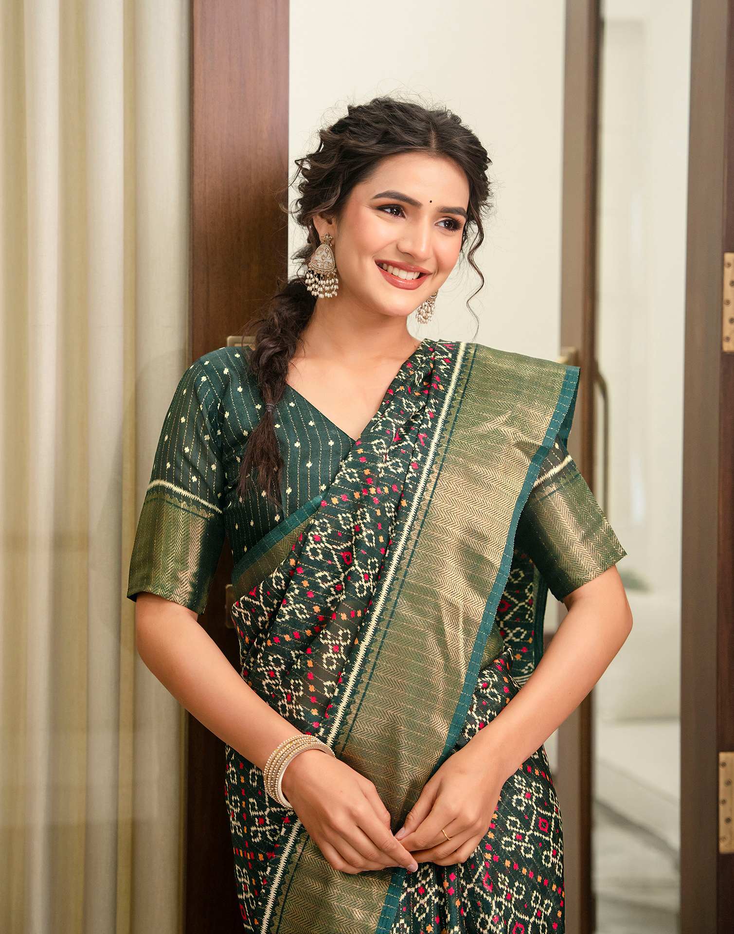 Dark Green Silk Printed Zari Stripe Saree 