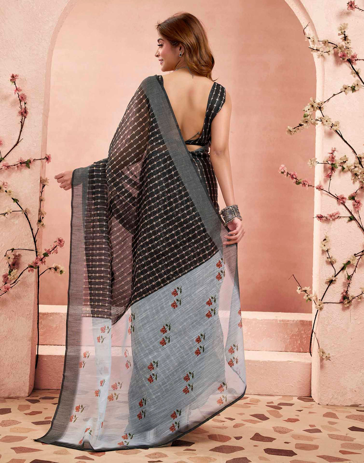 Ready To Wear Charcoal Black Linen Printed Saree