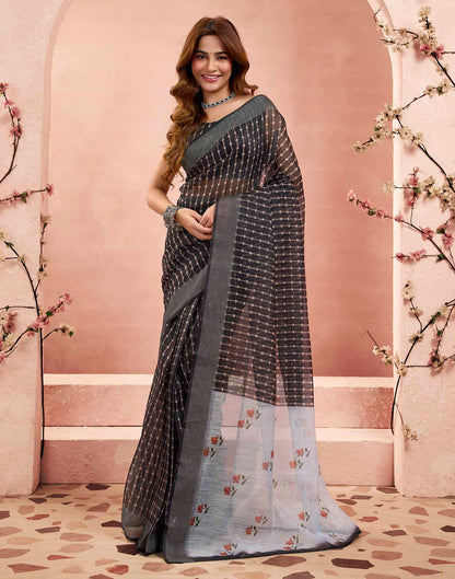 Ready To Wear Charcoal Black Linen Printed Saree