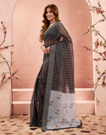 Ready To Wear Charcoal Black Linen Printed Saree