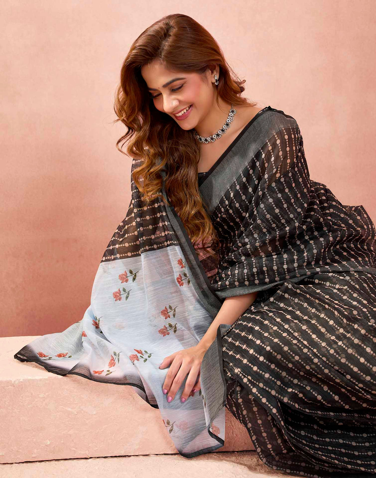 Ready To Wear Charcoal Black Linen Printed Saree