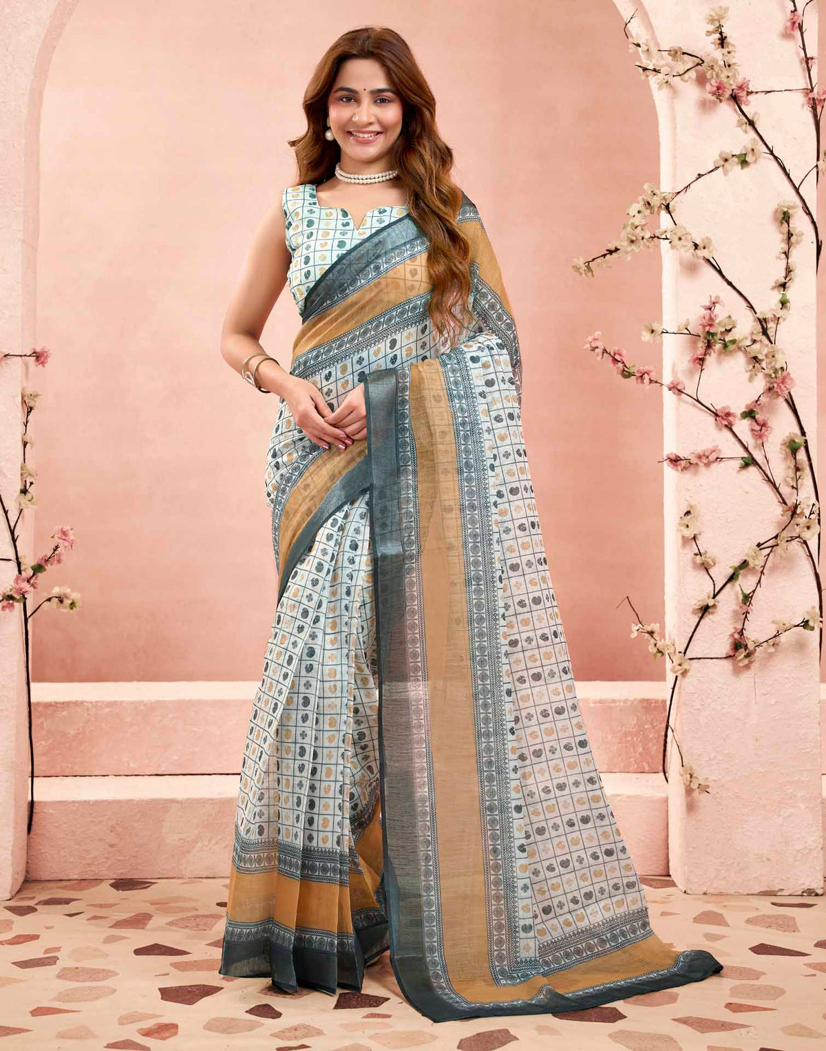 Ready To Wear Off White Linen Printed Saree
