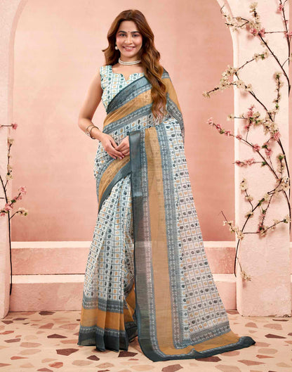 Ready To Wear Off White Linen Printed Saree