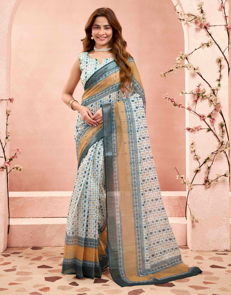 Ready To Wear Off White Linen Printed Saree