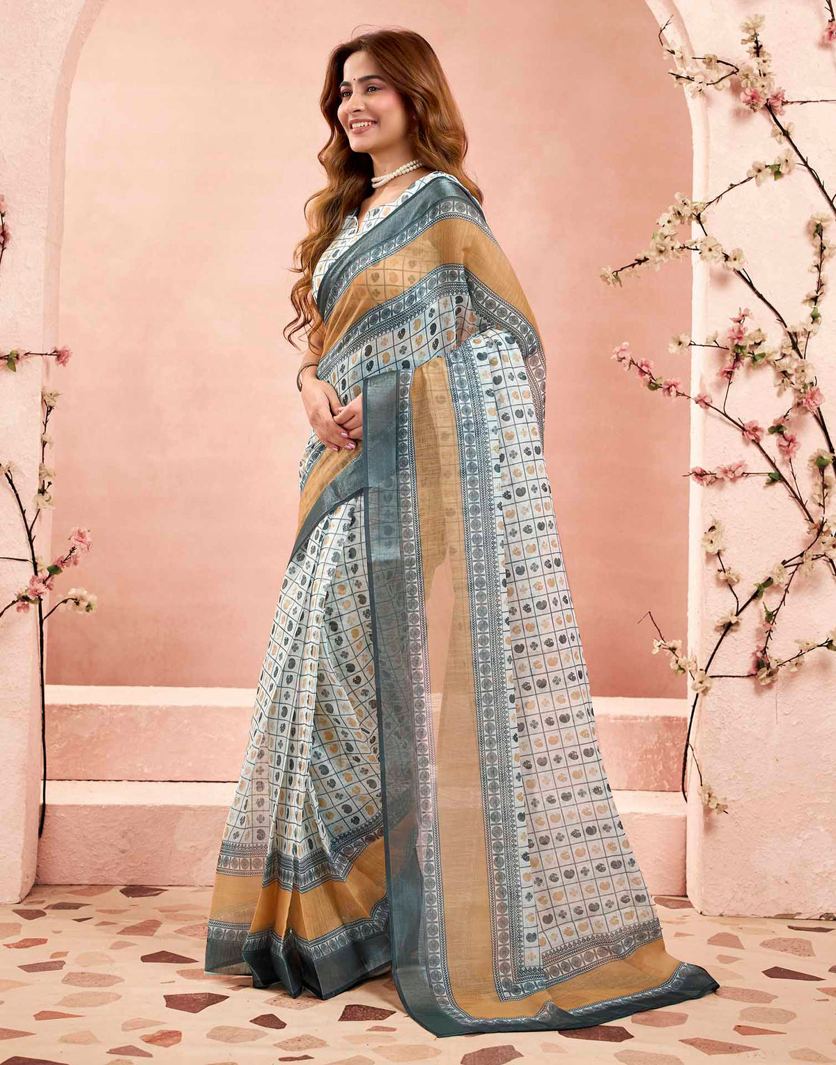 Ready To Wear Off White Linen Printed Saree