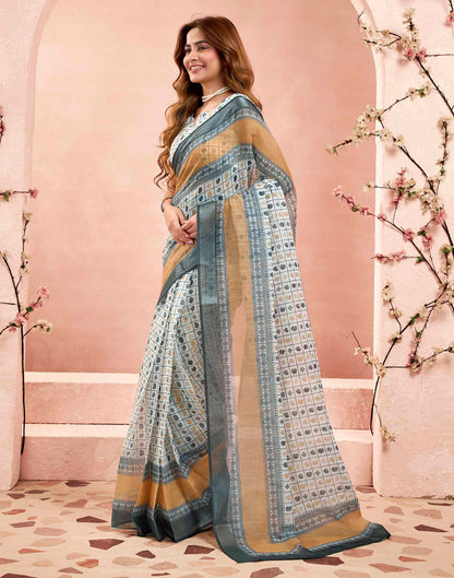 Ready To Wear Off White Linen Printed Saree