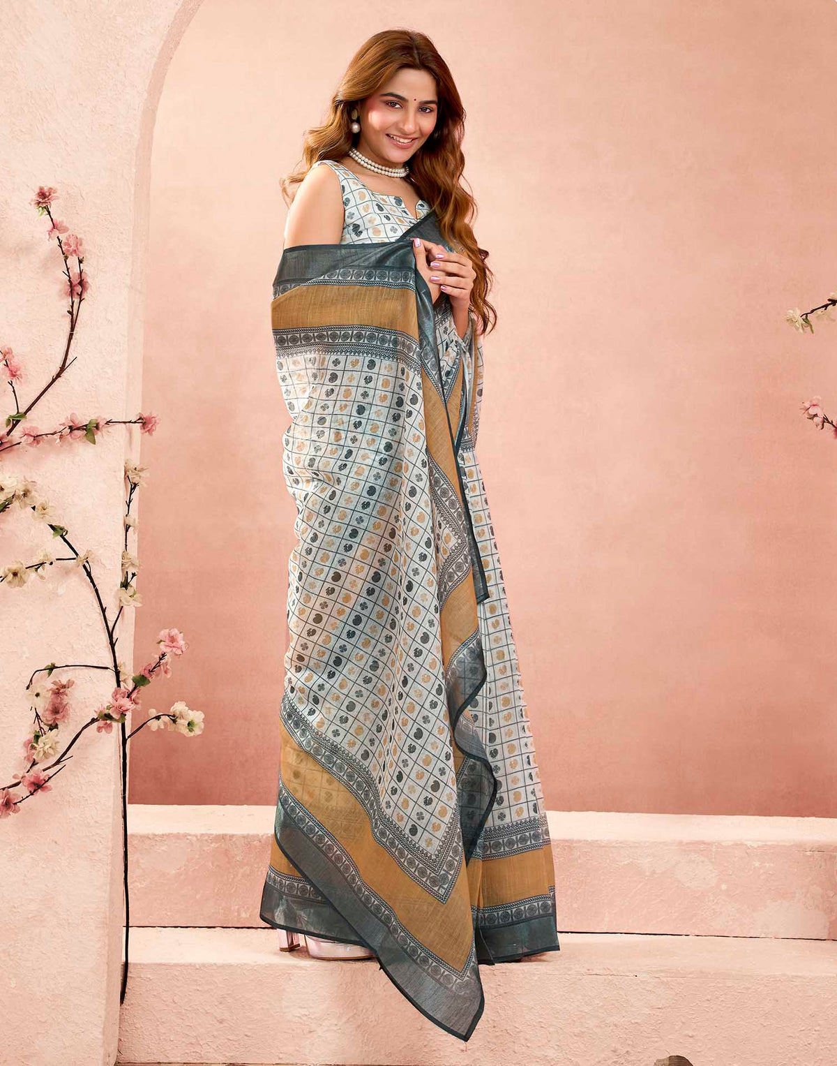 Ready To Wear Off White Linen Printed Saree