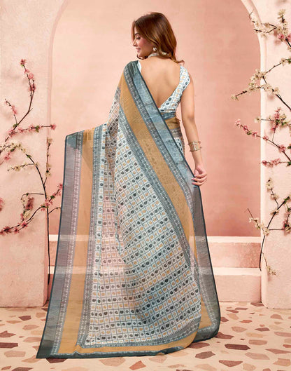 Ready To Wear Off White Linen Printed Saree