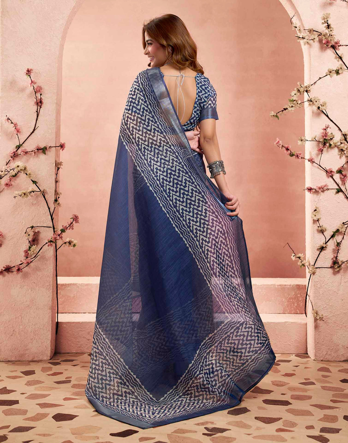 Ready To Wear Navy Blue Linen Printed Saree