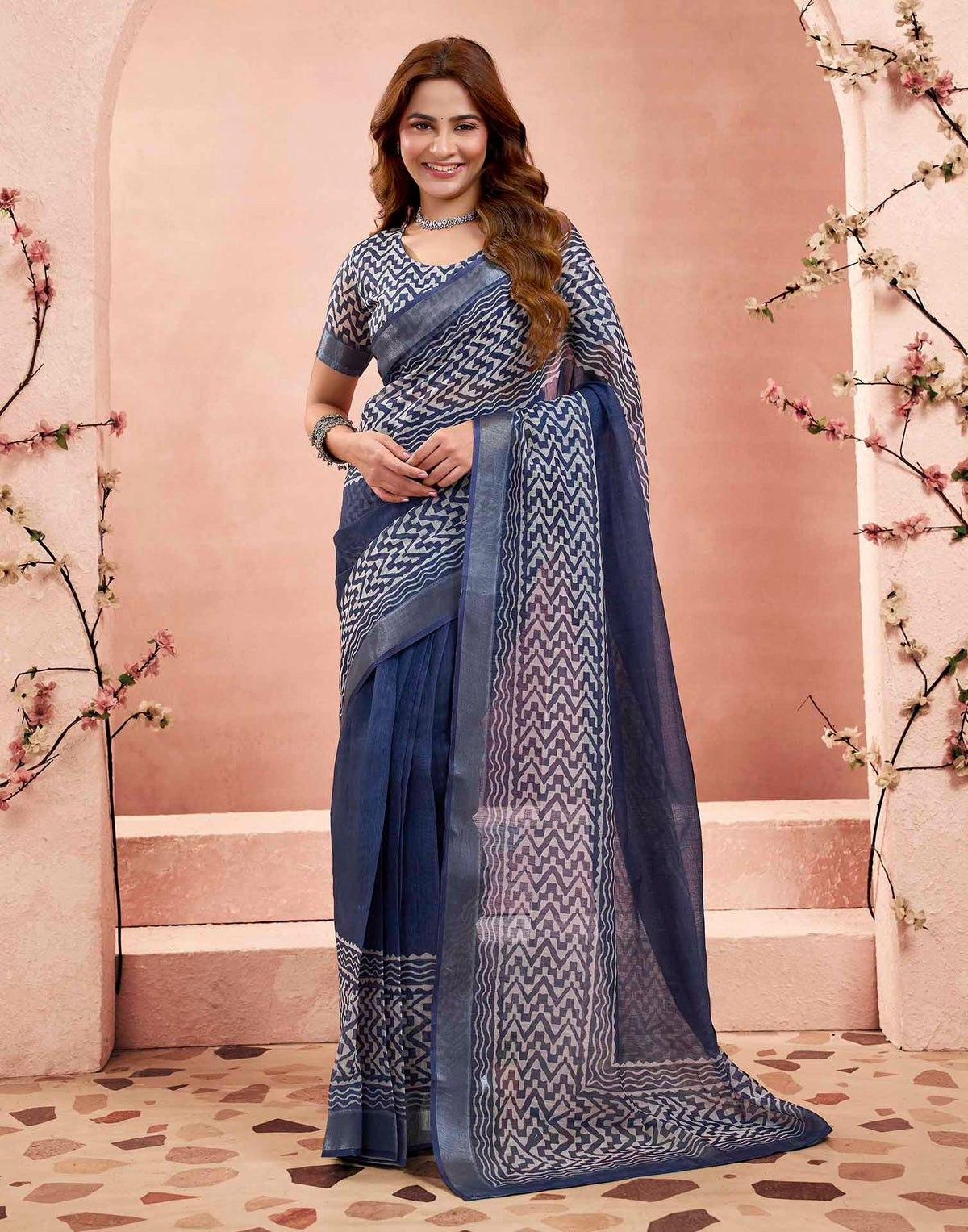 Ready To Wear Navy Blue Linen Printed Saree