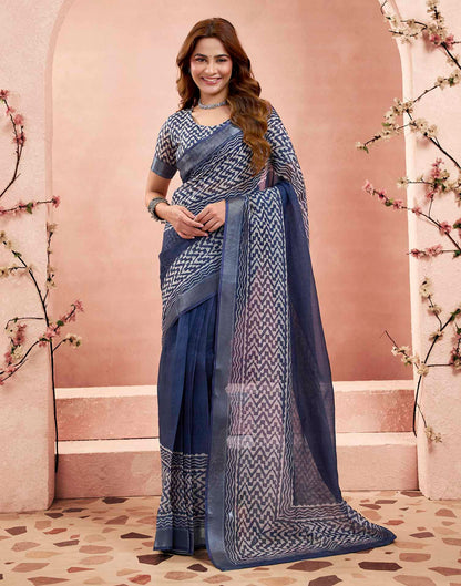 Ready To Wear Navy Blue Linen Printed Saree
