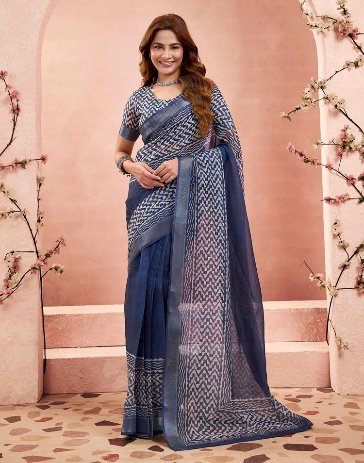 Ready To Wear Navy Blue Linen Printed Saree