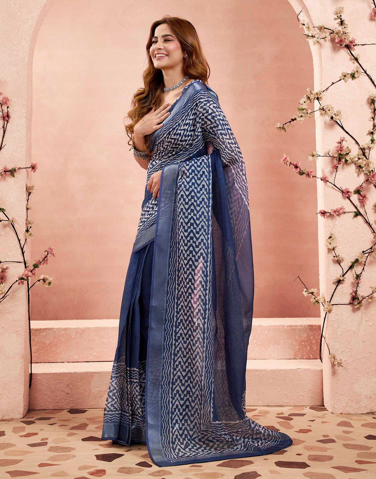 Ready To Wear Navy Blue Linen Printed Saree