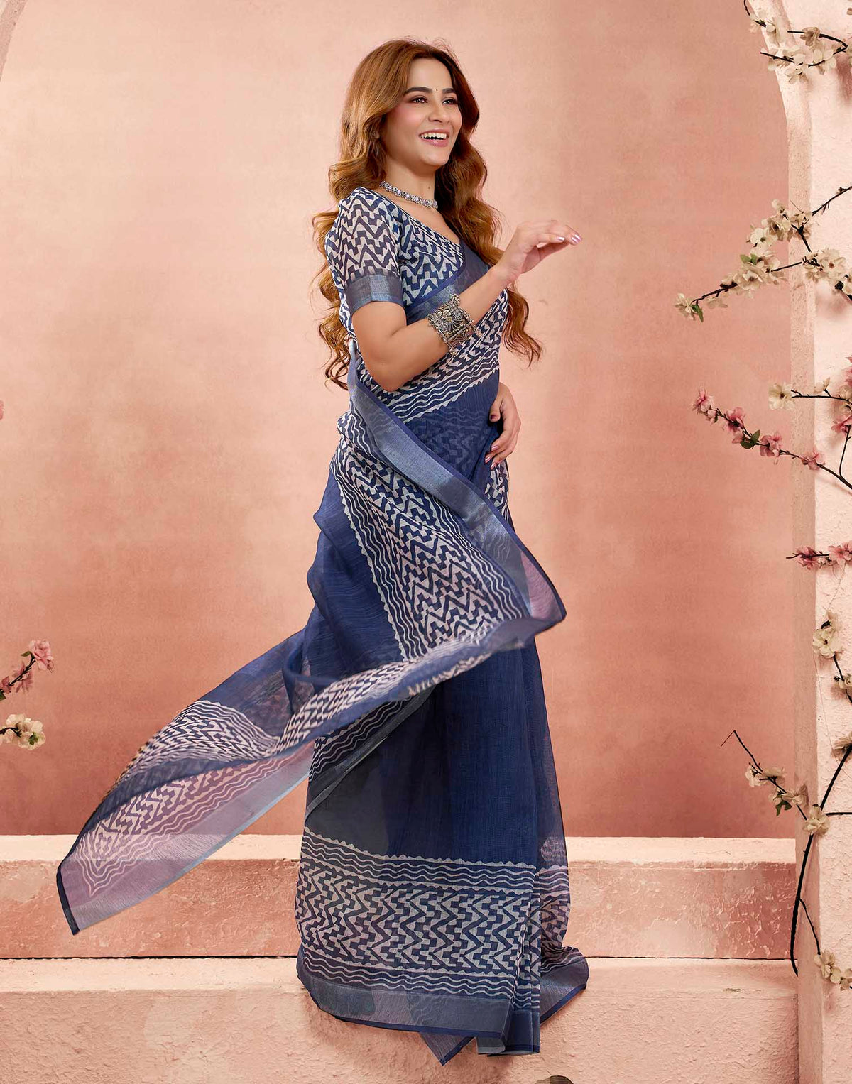 Ready To Wear Navy Blue Linen Printed Saree