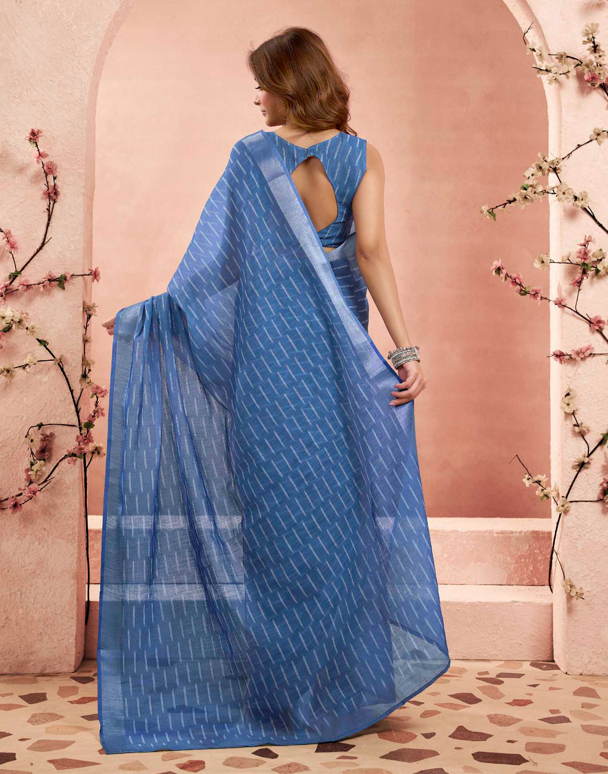 Ready To Wear Blue Linen Printed Saree
