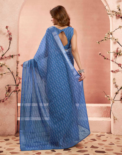 Ready To Wear Blue Linen Printed Saree