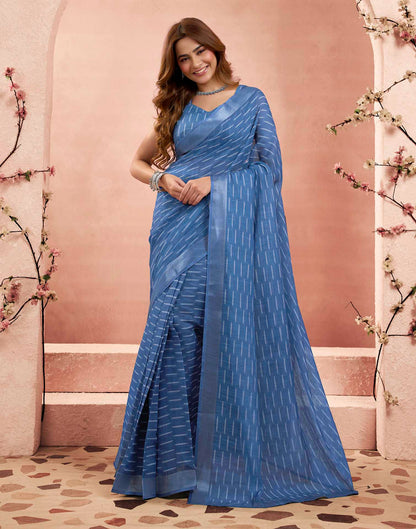 Ready To Wear Blue Linen Printed Saree