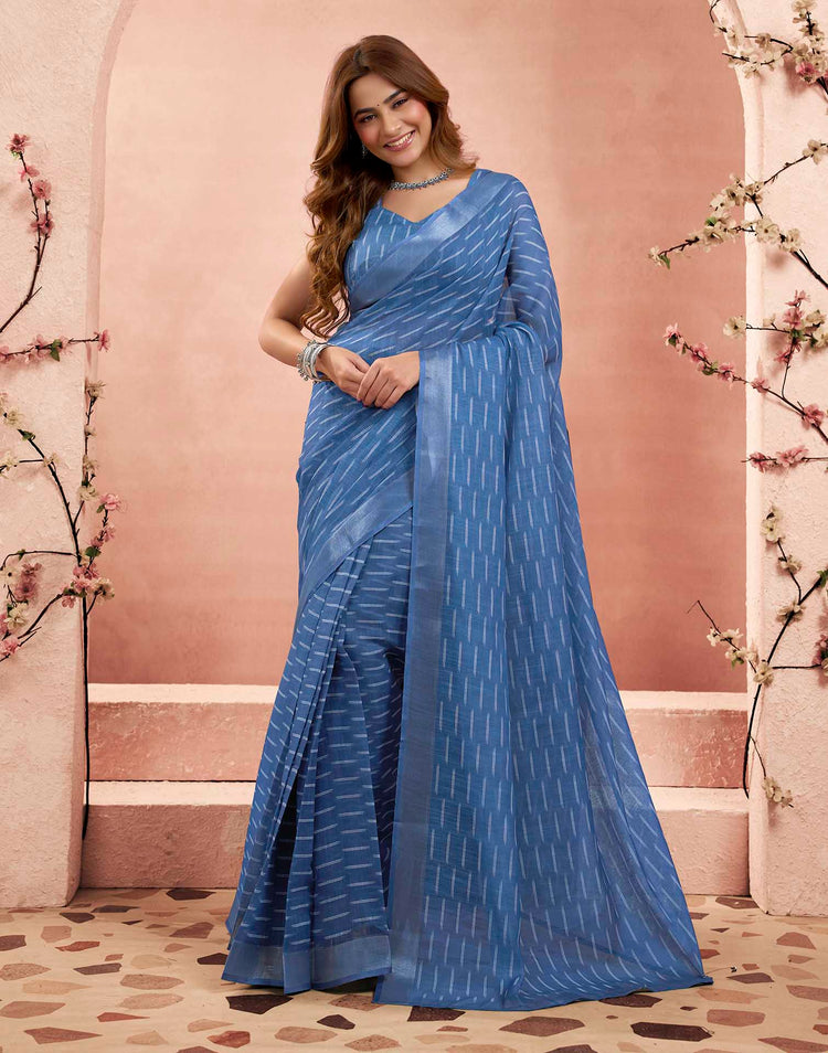 Ready To Wear Blue Linen Printed Saree