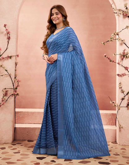 Ready To Wear Blue Linen Printed Saree