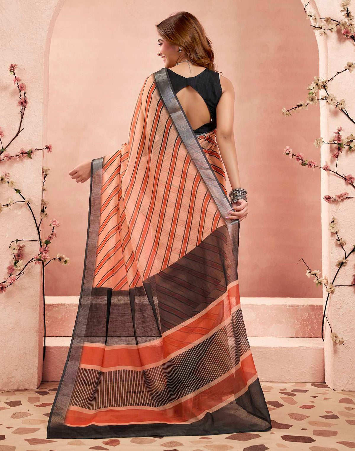 Ready To Wear Coral Orange Linen Printed Saree