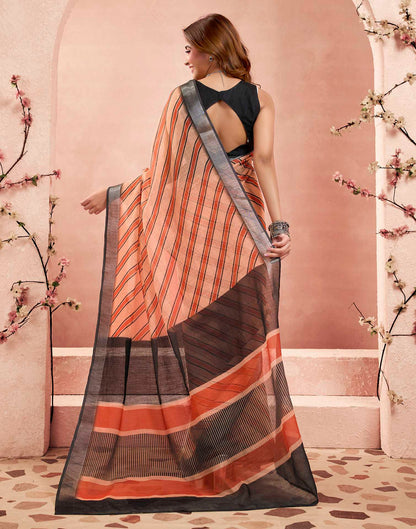 Ready To Wear Coral Orange Linen Printed Saree