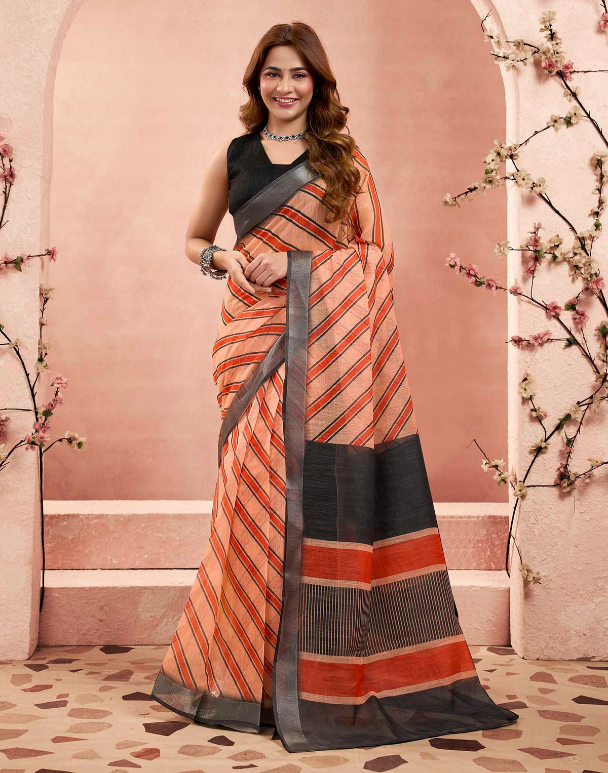Ready To Wear Coral Orange Linen Printed Saree