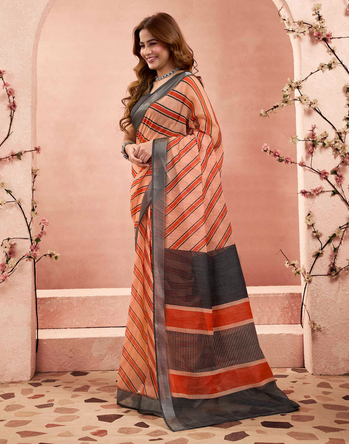 Ready To Wear Coral Orange Linen Printed Saree
